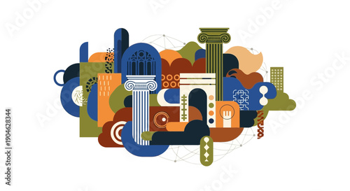 Abstract Geometric Architecture Collage with Columns and Arches