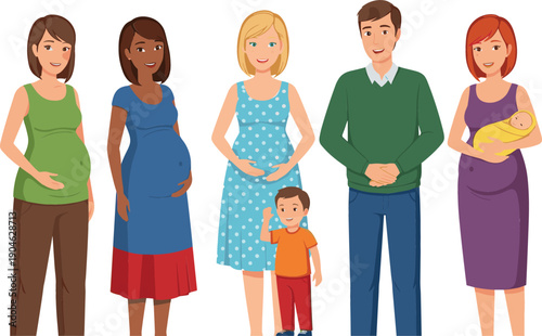 Expecting Parents and Family Illustration Showing Pregnant Women, Father, Mother, and Child Representing Pregnancy, Parenthood, Family Life, and Maternity Concept