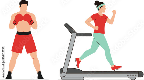 Fitness Workout Illustration Showing Man Boxing and Woman Running on Treadmill Representing Gym Training, Cardio Exercise, Healthy Lifestyle, and Active Living