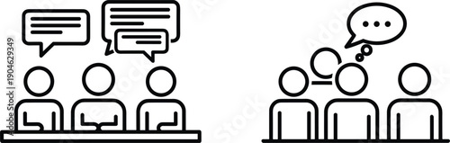 Group Communication and Team Discussion Outline Icon Illustration Showing People Talking, Idea Sharing, Brainstorming, and Collaborative Conversation Concepts for Business and Education
