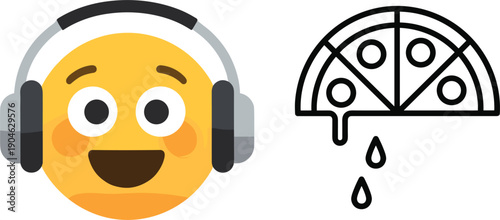 Happy Emoji Face with Headphones and Melting Pizza Slice Illustration Representing Music, Food Enjoyment, Fun Lifestyle, and Digital Reaction Concept