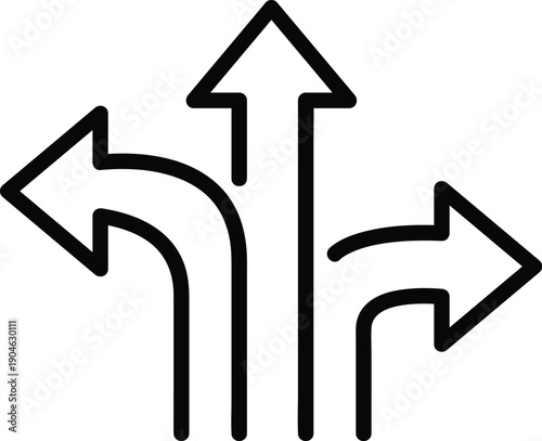 Minimalist black outline icon showing three diverging arrows pointing in different directions, representing strategic decision-making, navigation choices, and a critical crossroads.