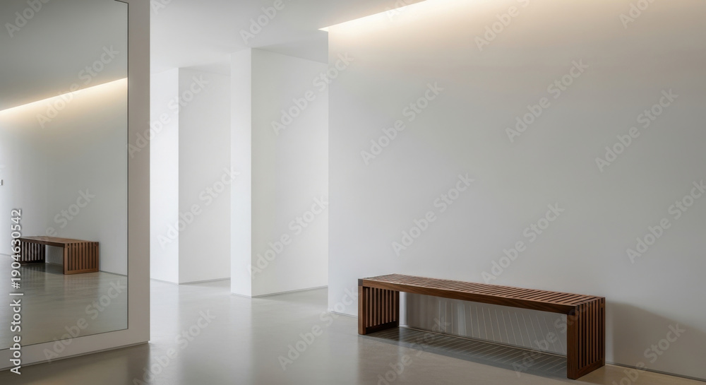 Minimalist hallway interior with white walls featuring a wooden slatted bench and a large wall mirror with soft hidden cove lighting creating a clean architectural gallery aesthetic