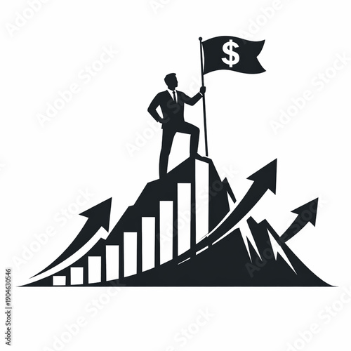 Vector Illustration of silhouetted business person standing on top of a mountain made of rising sales bar charts