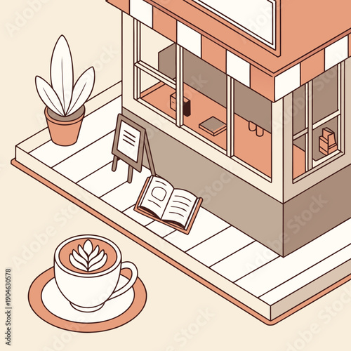 Cozy modern coffee shop interior with flat design style and warm atmosphere