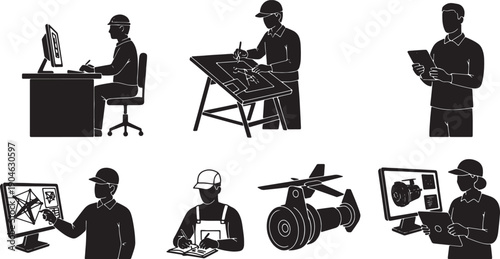 6 Black Solid Aerospace CAD Design Silhouettes Set on White Background