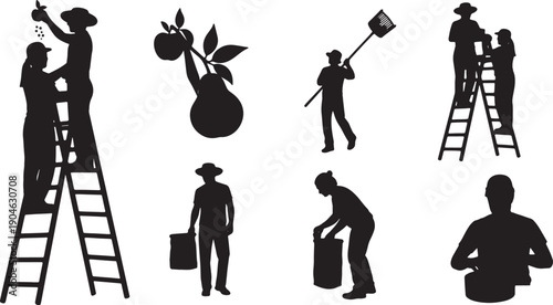 5 Black Solid Apple Picking Silhouettes Set on White Background