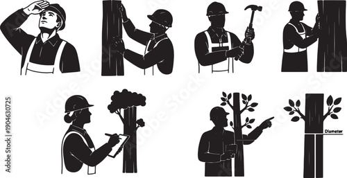 6 Black Solid Arborist Inspection Silhouettes Set on White Background