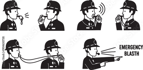 6 Black Solid Banksman Whistle Signal Silhouettes Set on White Background