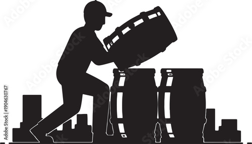 6 Black Solid Dock Workers Rolling Barrels Silhouettes Set on White Background