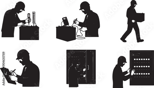 6 Black Solid Battery Room Inspection Silhouettes Set on White Background