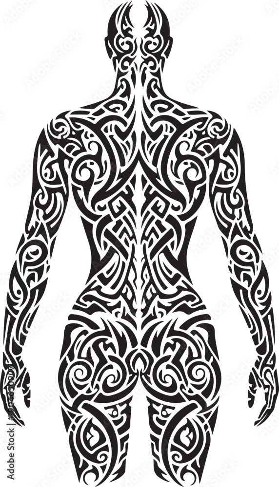 Fototapeta premium Back View of Human Torso Covered in Tribal Tattoo illustration