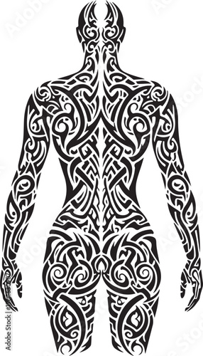 Back View of Human Torso Covered in Tribal Tattoo illustration
