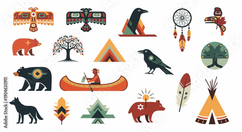 Native American Art Icons: Animals, Symbols, Dreamcatcher, Canoe