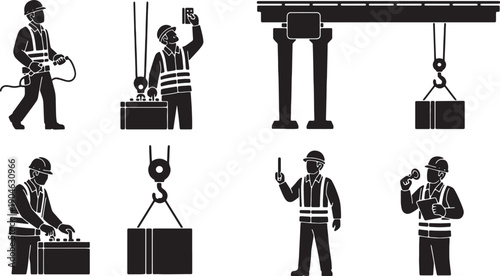 6 Black Solid Overhead Crane Pendant Control Silhouettes Set on White Background