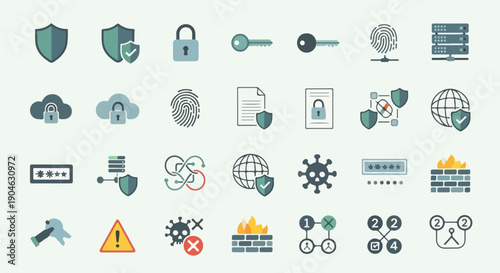 Collection of security icons, including shields, locks, and network elements