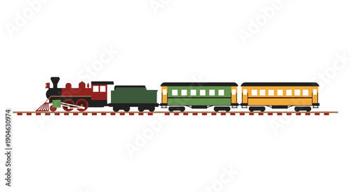 Vintage Steam Train and Passenger Cars on Tracks