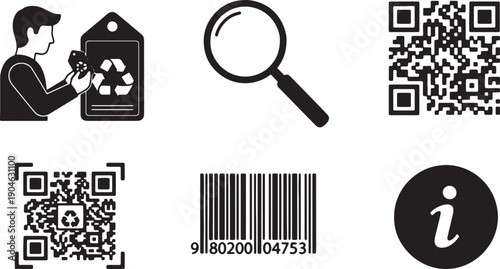 5 Black Solid Product Recycling Info Silhouettes Set on White Background