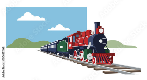 Vintage Train Illustration - Steam Locomotive on Tracks