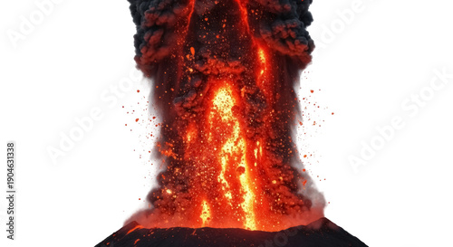 Volcanic eruption with lava and ash PNG isolated on transparent background, natural disaster and geological phenomenon