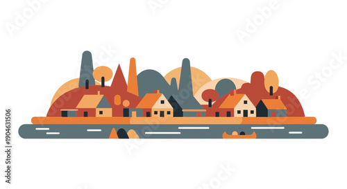 Flat design village landscape with river and canoe