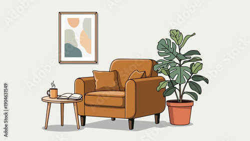 Cartoon-style illustration of a cozy room with furniture, a plant, and art