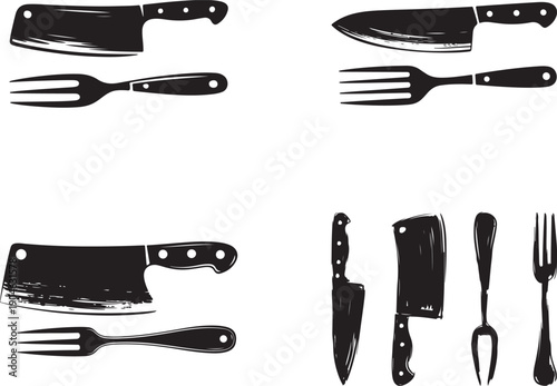 Collection of Black Silhouettes of Kitchen Knives and Forks