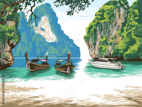 Tropical Thai beach landscape vector illustration with traditional longtail boats and limestone cliffs in turquoise water