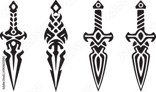 Four Black Tribal Dagger Designs on White Background