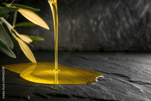 Olive oil pouring onto a dark stone surface.