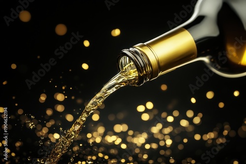 Gold-capped wine bottle pouring celebratory liquid.