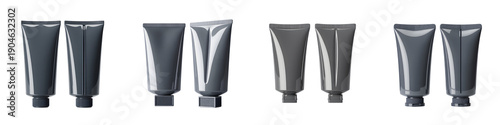 Six black cosmetic tubes isolated on transparent background