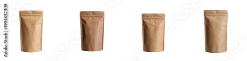 Four brown paper bags with sealed tops on transparent background