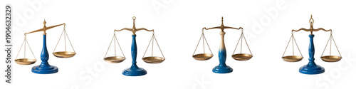 Four blue and gold balance scales isolated on transparent background
