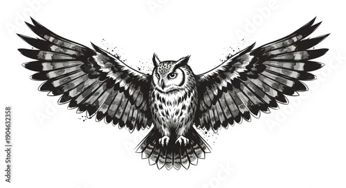 Great Horned Owl in Flight with Wings Spread Wide.