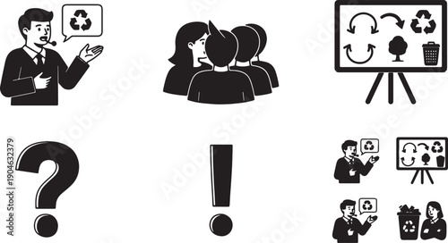 5 Black Solid Recycling Awareness Silhouettes Set on White Background