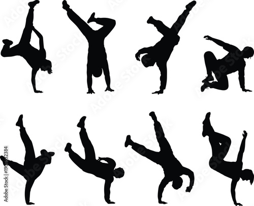 Breakdance silhouettes set, street hip hop dancers performing acrobatic moves, urban freestyle dance action poses, youth culture, black isolated flat vector illustration