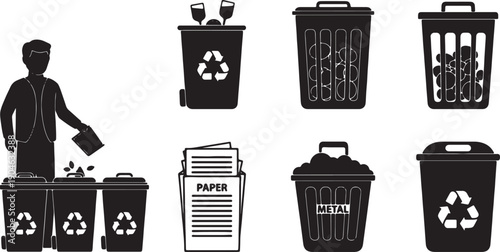 6 Black Solid Recycling Bins Silhouettes Set on White Background