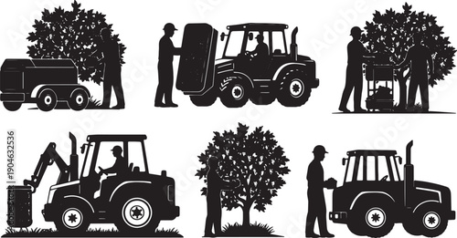 5 Black Solid Silhouettes of Robotic Orchard Harvesting