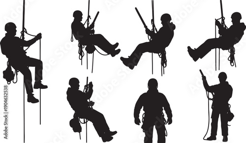 5 Black Solid Rope Access Technician Silhouettes Set on White Background
