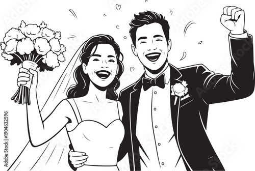 Happy bride and groom celebrating wedding with confetti