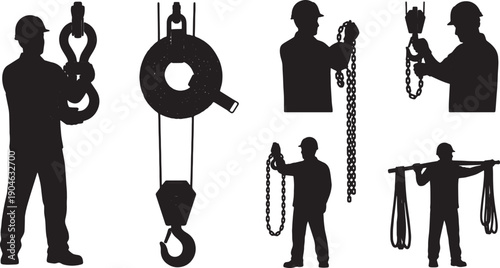 5 Black Solid Shackle and Sling Handling Silhouettes Set on White Background