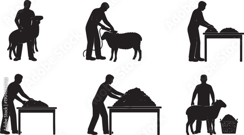5 Black Solid Silhouettes of Sheep Shearers