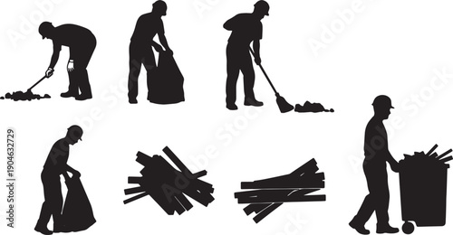 5 Black Solid Site Cleanup Debris Silhouettes Set on White Background
