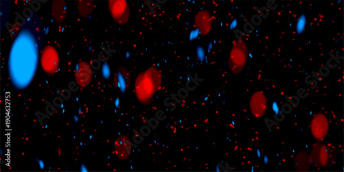 Damaged photo film texture effect, blurred rainbow Iridescent gradient on black background. Festive bokeh lights on dark blue background - gold yellow orbs floating with bright sparkles. 