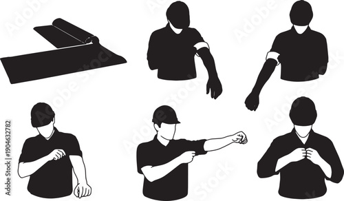 5 Black Solid Workers Rolling Up Sleeves Silhouettes Set on White Background