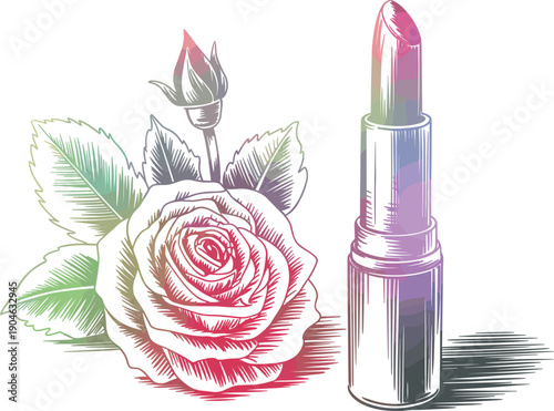 Elegant gradient lipstick and rose vector illustration for beauty cosmetics branding and floral makeup design.
