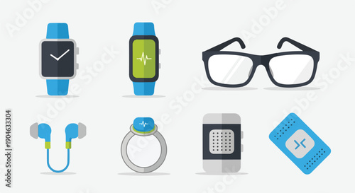 Collection of various digital health and medical devices on white background