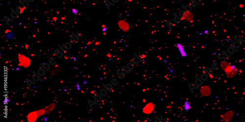 Damaged photo film texture effect, blurred rainbow Iridescent gradient on black background. Festive bokeh lights on dark blue background - gold yellow orbs floating with bright sparkles. 