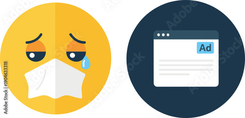 Sad Masked Face and Online Advertisement Icon Illustration Representing Emotional Impact of Digital Ads, User Experience, Pandemic Awareness, and Internet Marketing Concept